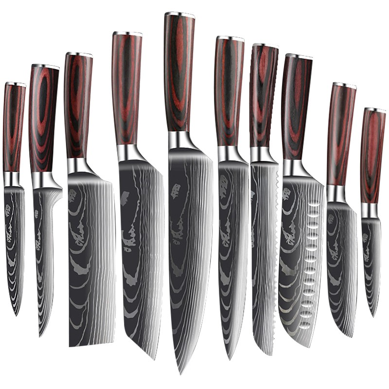 Foreign Trade Damascus Laser Grained Wood-composite Handle 10-Piece Kitchen Knife Set