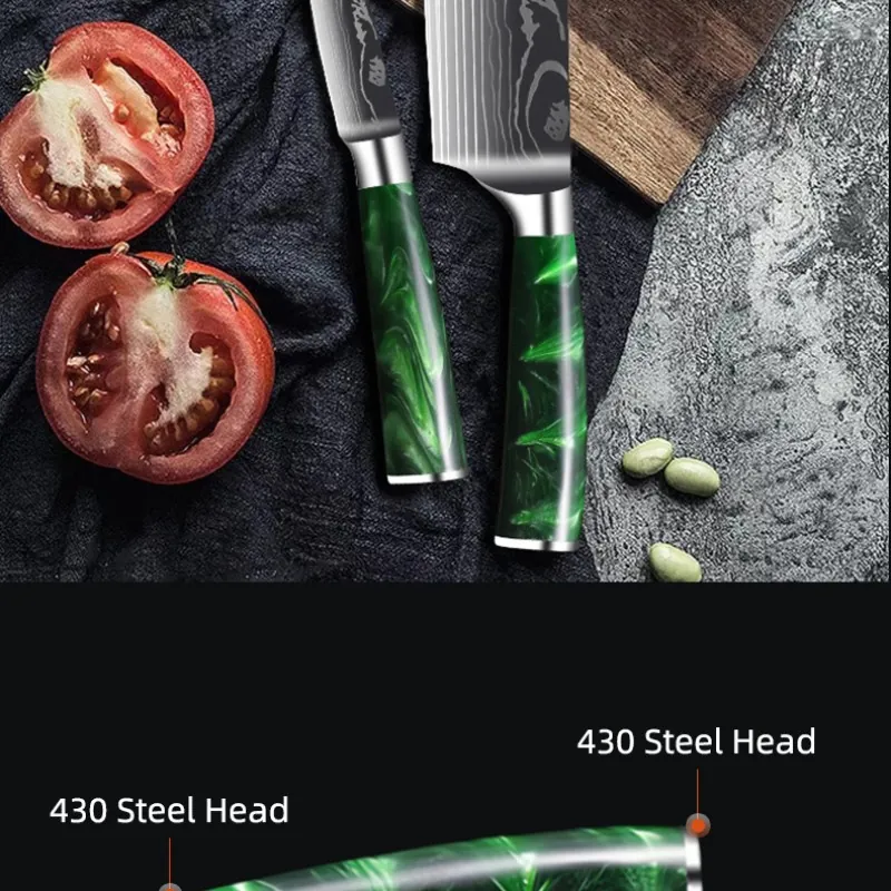 10-piece Damascus-Pattern Kitchen  Knife Set with Green Resin Handle detail