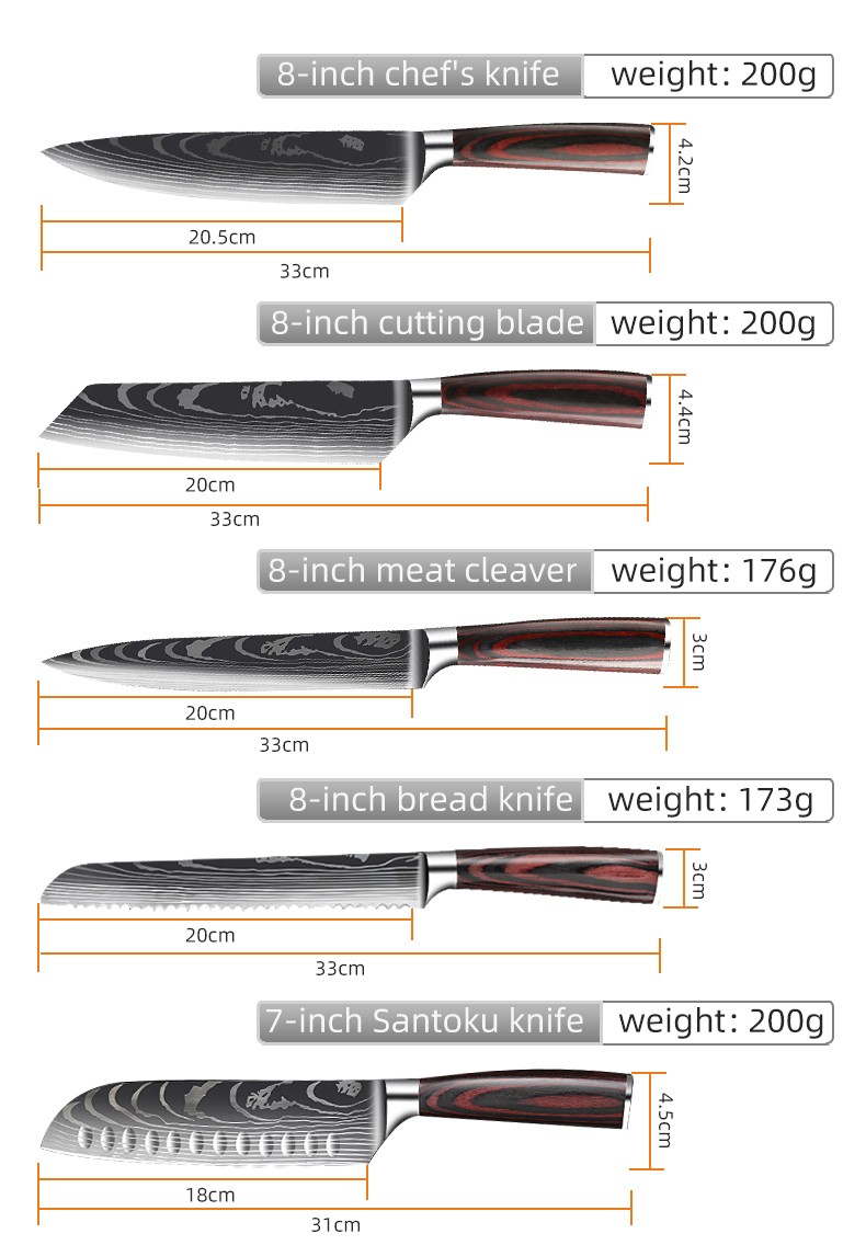 Foreign Trade Damascus Laser Grained Wood-composite Handle 10-Piece Kitchen Knife Set detail