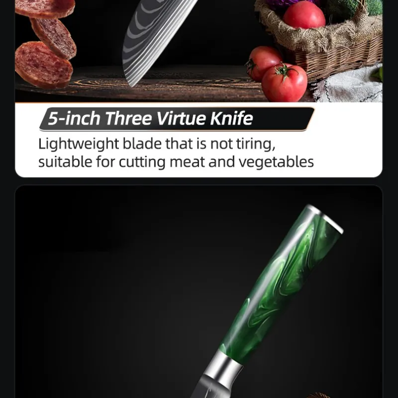 10-piece Damascus-Pattern Kitchen  Knife Set with Green Resin Handle detail