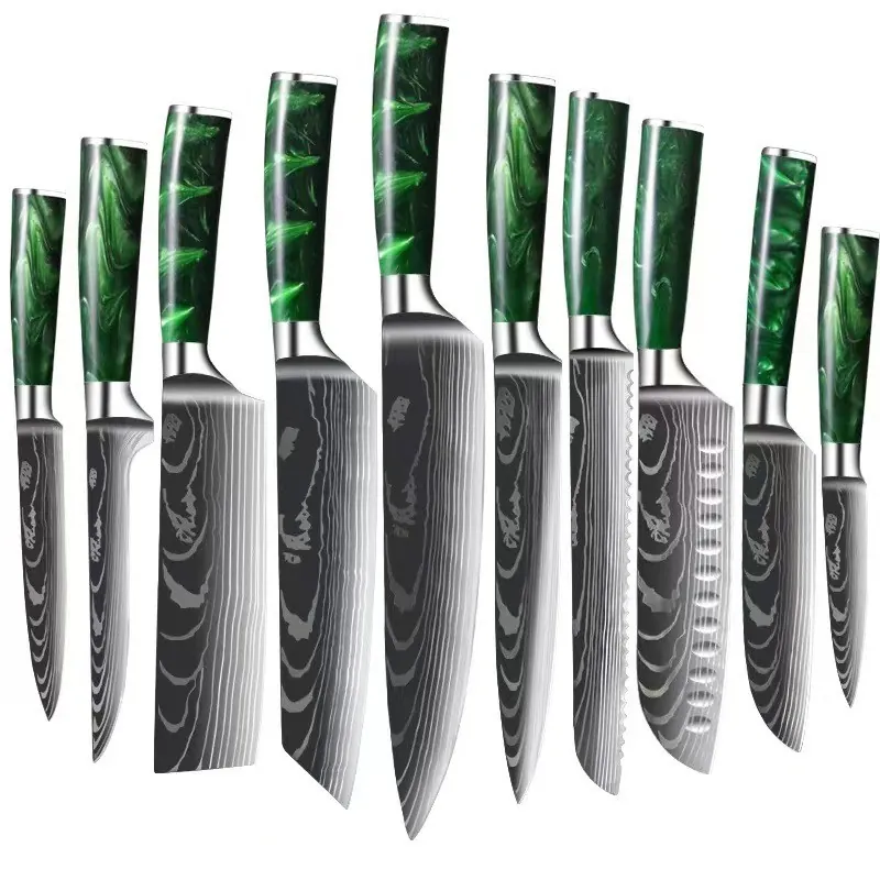 10-piece Damascus-Pattern Kitchen Knife Set with Green Resin Handle