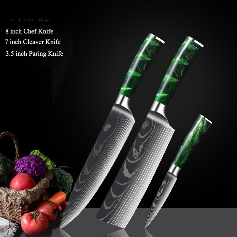 10-piece Damascus-Pattern Kitchen  Knife Set with Green Resin Handle 5