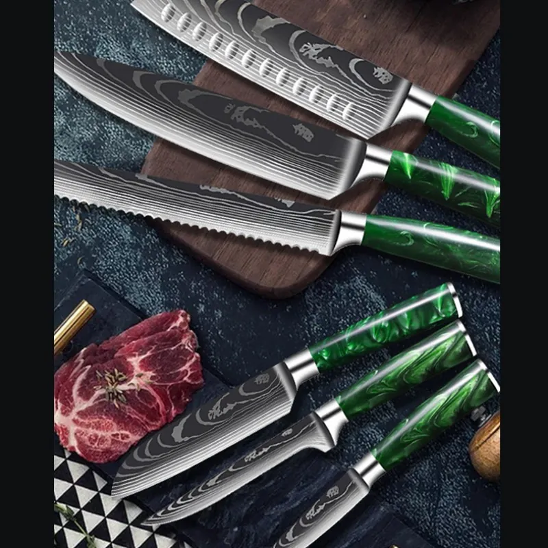 10-piece Damascus-Pattern Kitchen  Knife Set with Green Resin Handle detail