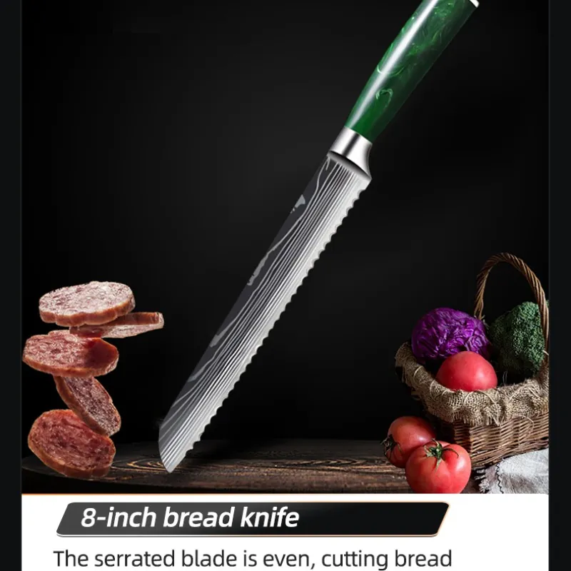 10-piece Damascus-Pattern Kitchen  Knife Set with Green Resin Handle detail