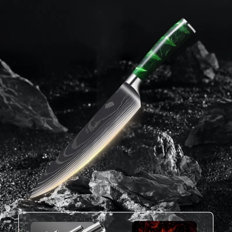 10-piece Damascus-Pattern Kitchen  Knife Set with Green Resin Handle 2