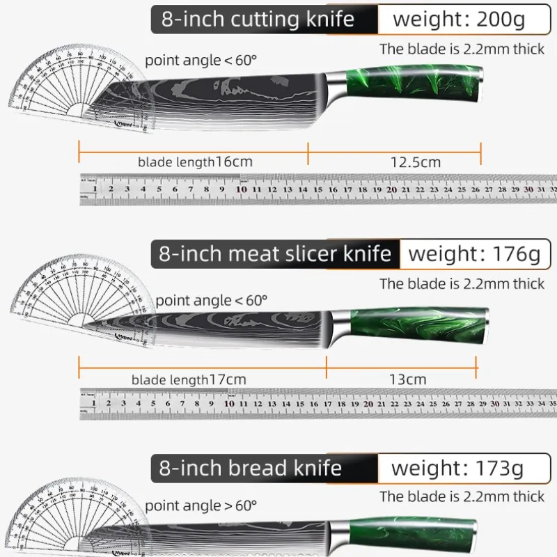 10-piece Damascus-Pattern Kitchen  Knife Set with Green Resin Handle detail