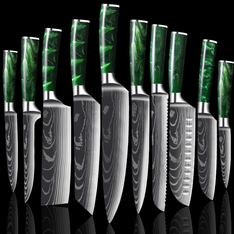 10-piece Damascus-Pattern Kitchen  Knife Set with Green Resin Handle 3