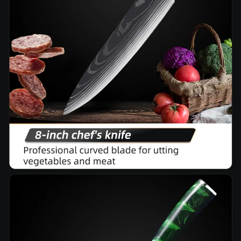 10-piece Damascus-Pattern Kitchen  Knife Set with Green Resin Handle detail