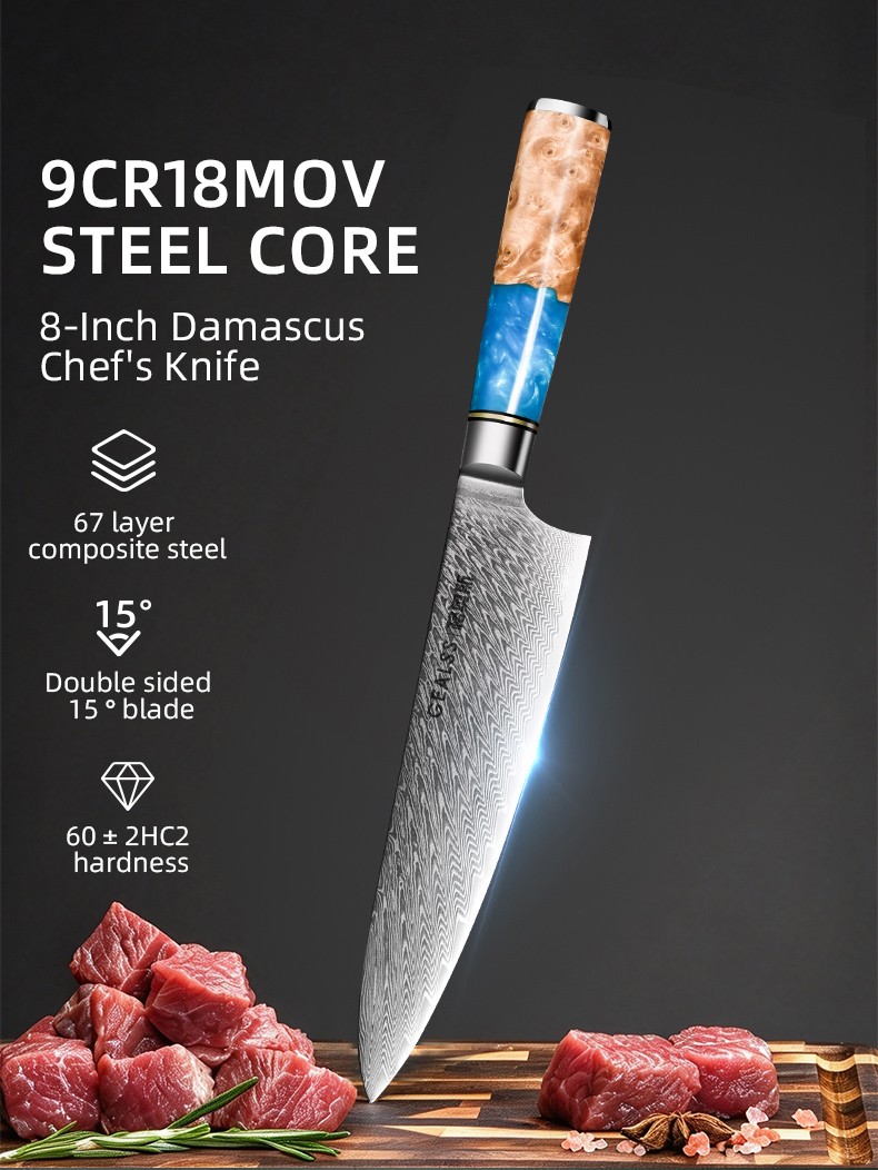 67 LAYERCOMPOSITE-STEELDamascus 8-inch Chef's Knife detail